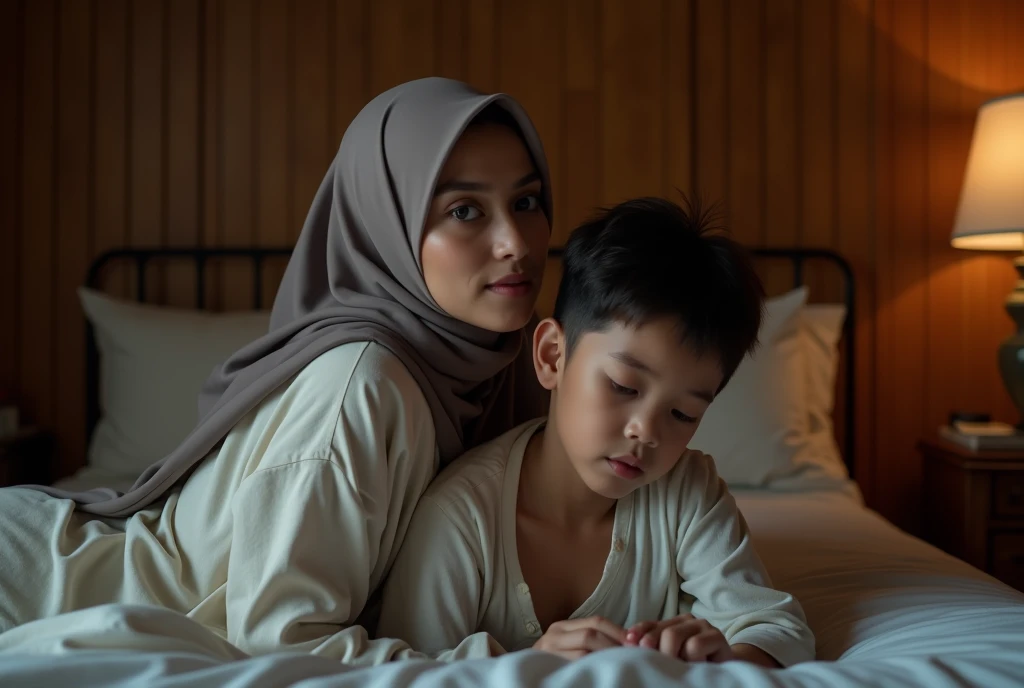 a beautiful Indonesian woman wearing a hijab, slim, 32 years old wearing a robe with buttons open, bra visible, is having women on top style sex with a 14 year old age boy on a bed, in a room with wooden plank walls, at night