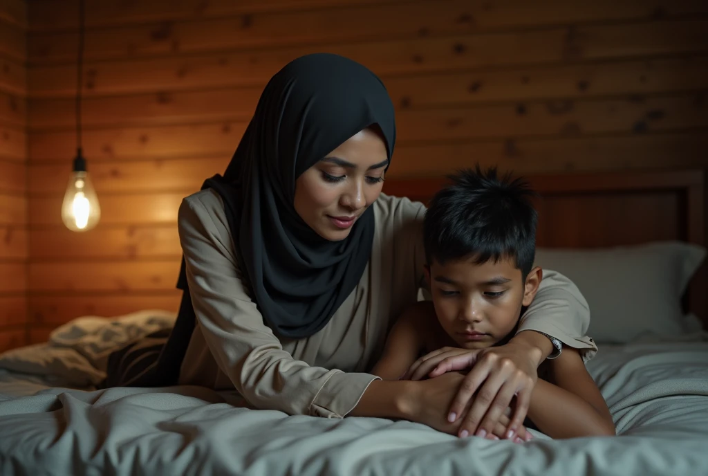 a beautiful Indonesian woman wearing a hijab, slim, 32 years old wearing a robe with buttons open, bra visible, is having women on top style sex with a 14 year old age boy on a bed, in a room with wooden plank walls, at night