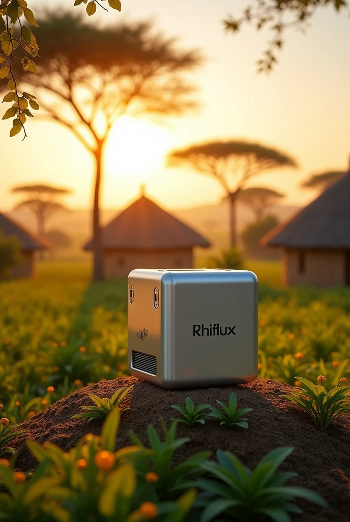 Rhiflux electro cube that recharges for one hour on the sun or grid power and lasts six months before recharge  in a African farmer setting 