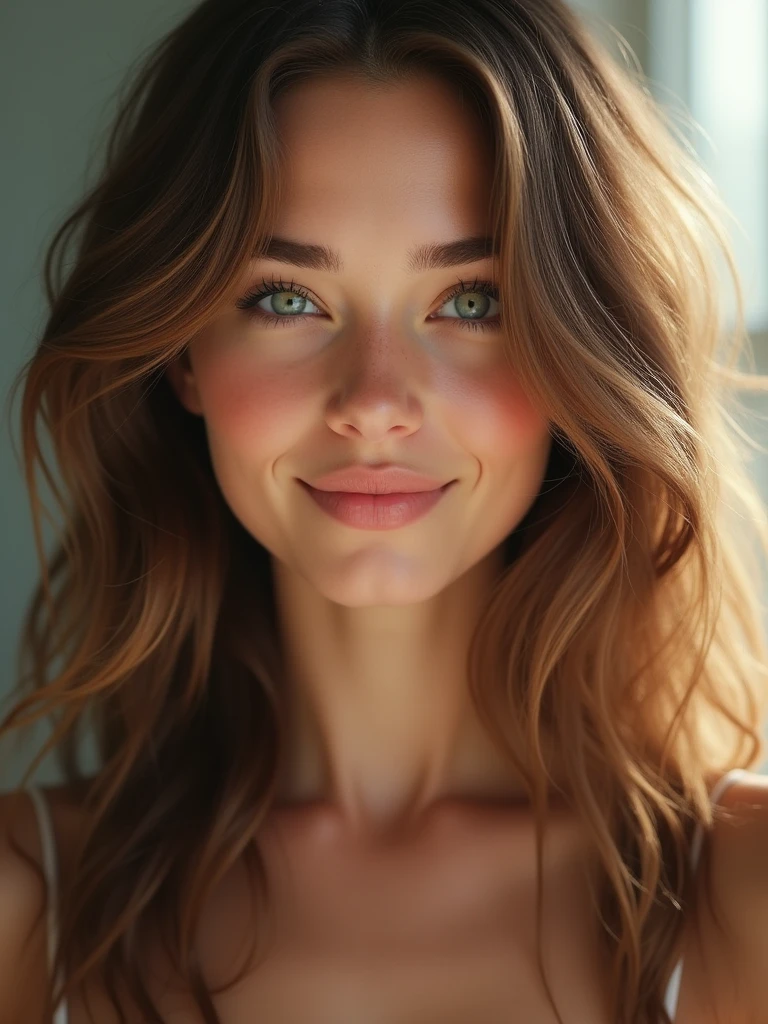 A highly realistic portrait of a young woman with long, wavy brown hair, striking light-colored eyes (either blue or green), and smooth, clear skin. Her face is softly lit, showing delicate features with a natural expression. She has a subtle smile, and is wearing minimal, natural makeup. The background is slightly blurred to focus on the details of her face, emphasizing the texture of her skin and the shine of her hair.