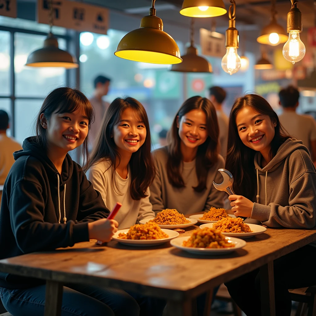4 beautiful Indonesian women with slightly chubby hair, pakai hoodie dan celana panjang, sat behind the table and on the table was fried chicken rice, right hand holds a large wrench and hammer, location in a crowded shop