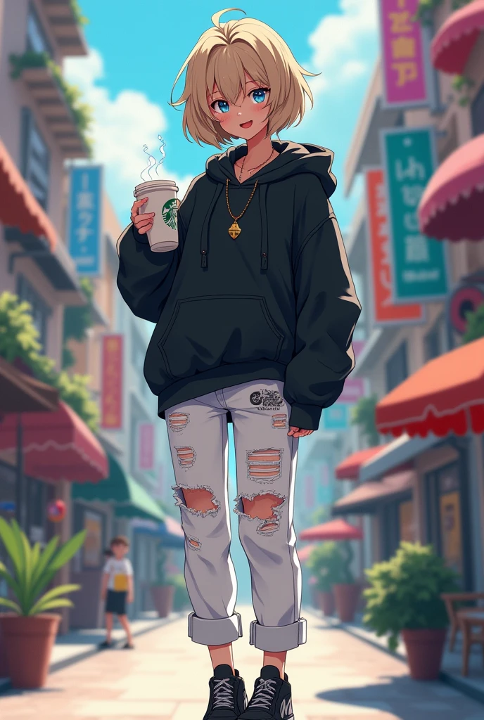 Aesthetic tomboy anime girl in black hoodie white denim jeans black sneakers one piece locket with a Starbucks coffee with short hair in beige colour with blue eyes vitiligo skin colur