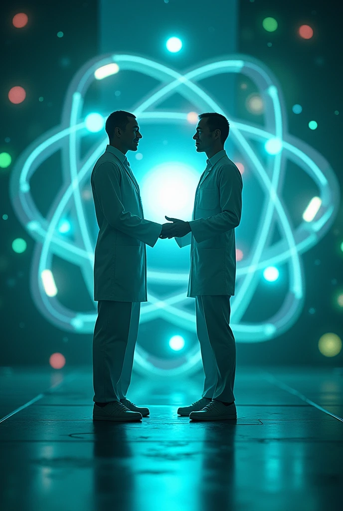 {
  "size": "1024x1024",
  "prompt": "Neutron, wearing a calm expression, stands beside Proton in the futuristic laboratory. He makes a balancing gesture with both hands, while a detailed holographic display shows protons and neutrons moving together within the nucleus of an atom. The laboratory setting remains consistent with previous panels, emphasizing the peaceful yet crucial role Neutron plays in maintaining the stability of the atom's nucleus. The holographic display should clearly depict the interaction and balance between the protons and neutrons."
}
