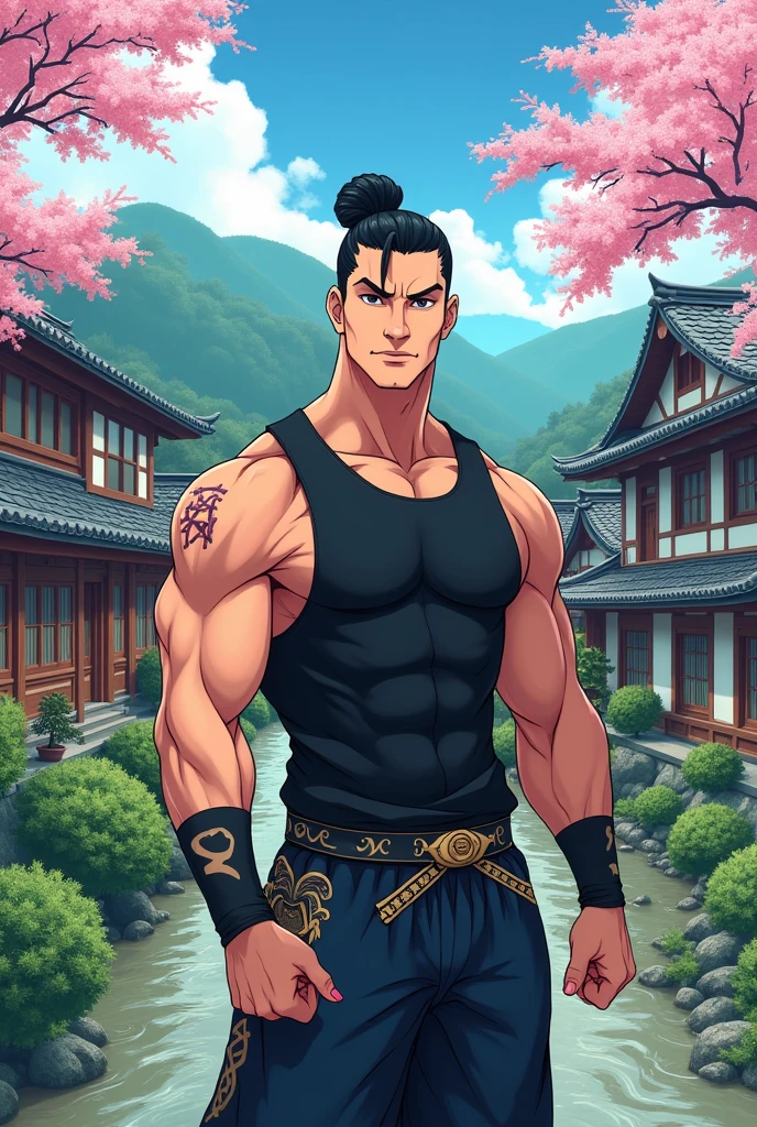 A man with six packs, scar on his head wearing a ninja pants stylish and handsome, 6feet height, anime, white, in a village