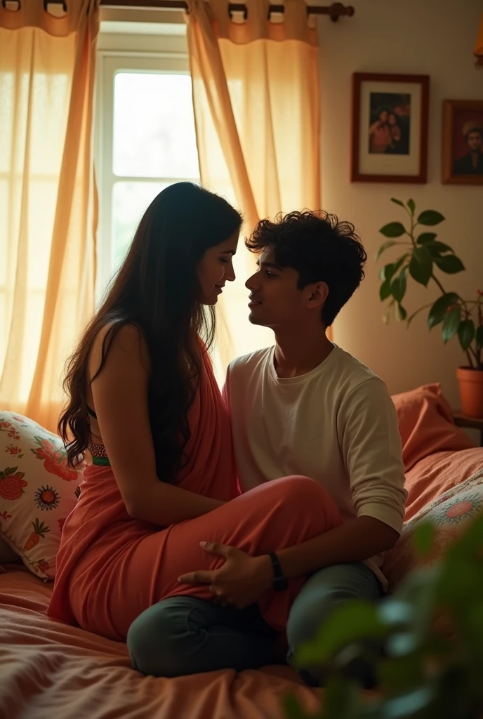 An 19 year old Indian full naked girl with zero figure sat on a 18 year old slim indian boy lap  
 Middle class room romantic scene