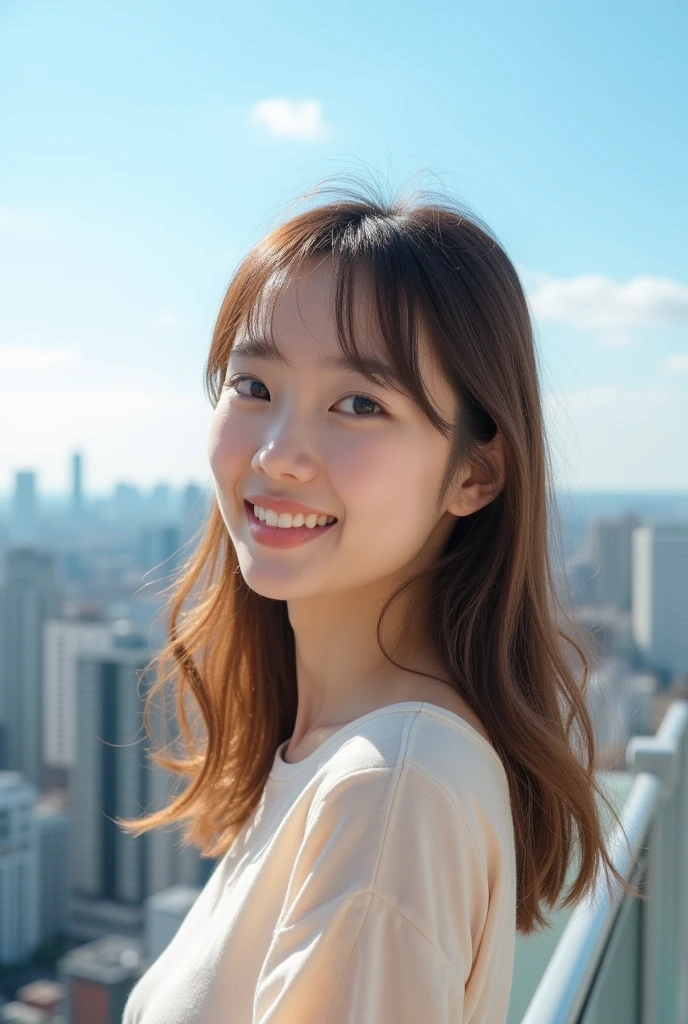 Japanese woman in her late 20s with medium-length hair in beige tones, big black eyes, wide-set eyes, swept bangs, giving a cute impression, small face, sharp face line. The background is an outdoor rooftop with natural bright light.