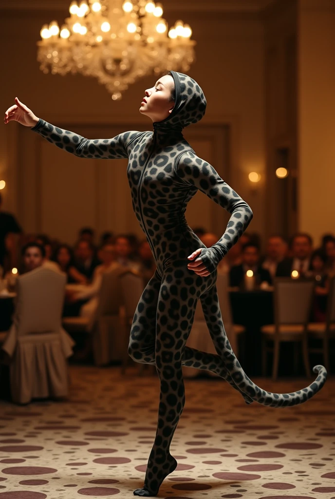 A most handsome and thin   chinese contortion boy wearing a black glasses wears clouded leopard Lycra turtleneck unitard catsuit covered with large seamless spots.He has a long clouded leopard tail.He always wear clouded leopard Lycra dancewear hijab-like hood.He has handsome cheeks on her face.He is take part for contortion performance.He performs contortion at hotel.He is my famous contortionist.