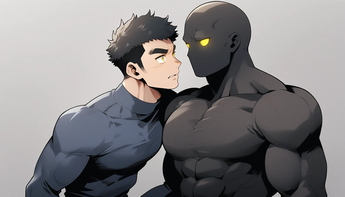 anime characters：Two superheroes in tights, Muscle Sports Student and Muscle No Face skinhead superhero, No Face, negro black skin, They hugged and kissed each other, Bite your neck, Caress, Manliness, male focus, Yellow and black high collar long sleeve tight T-shirt, Slightly transparent material, Very tight, Round, full and perky chest muscles, Muscle waist, Slightly transparent, muscular male, muscular, only, Upper body, alone, Black short hair, Thick eyebrows, stubble, Yellow eyes, Grey background, simple background, amazing quality, best aesthetics, Ridiculous, bright pupils, crew cut, parted lips, embarrassed, endured face, shy, best quality