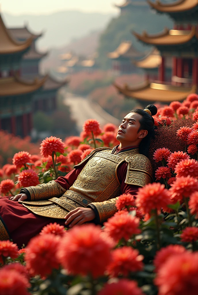 Movie-quality images，8K ultra-clear photo，The imperial city of the Tang Dynasty was filled with chrysanthemums.，A Tang Dynasty general clad in golden armor lies amidst a bed of flowers.，There is blood nearby，Aerial View