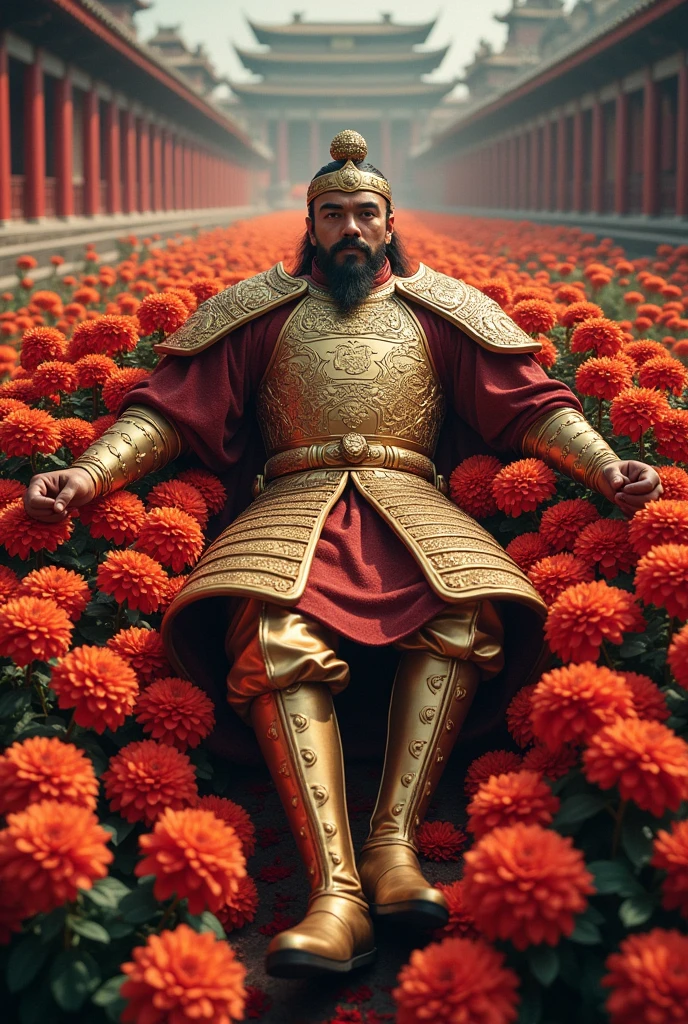 Movie-quality images，8K ultra-clear photo，The imperial city of the Tang Dynasty was filled with chrysanthemums.，A Tang Dynasty general clad in golden armor lies amidst a bed of flowers.，There is blood nearby，Aerial View