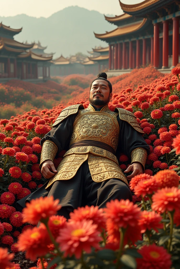 Movie-quality images，8K ultra-clear photo，The imperial city of the Tang Dynasty was filled with chrysanthemums.，A Tang Dynasty general clad in golden armor lies amidst a bed of flowers.，There is blood nearby，Aerial View
