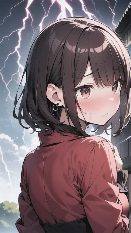 Let's think step by step,Highest quality, masterpiece, Ultra-high resolution, 8k,Show anime style ,Soft Line Art, Digital Enhancement, shojo anime touch, shojo manga core, Flowing fabric, close, Soft Drawing, Ultra-Definition Digital Anime Art, Clear facial depiction, Super detailed girl cartoon character art, Ultra-detailed manga style, Highest qualityの色,
１People Women,(A woman with short brown hair), Wet Hair,Beautiful brown hair, Clear brown eyes, Slightly chubby,Small breasts,The butt is small,Summer clothes,(Upper body Focus),In town,Being outside,Midsummer,Shower,(((Lightning glows,,Surprised by an incredibly loud sound,Scared,Covering my ears with both hands to block out the sound,怖くて目を強くclose)))