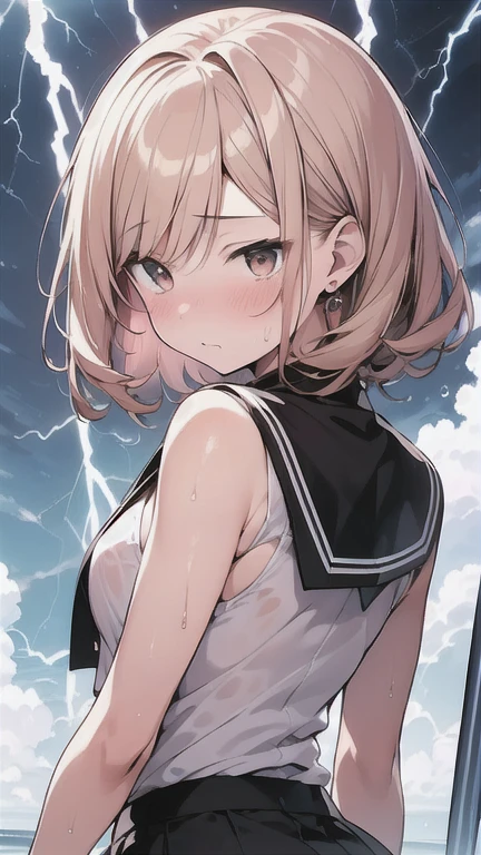 Let's think step by step,Highest quality, masterpiece, Ultra-high resolution, 8k,Show anime style ,Soft Line Art, Digital Enhancement, shojo anime touch, shojo manga core, Flowing fabric, close, Soft Drawing, Ultra-Definition Digital Anime Art, Clear facial depiction, Super detailed girl cartoon character art, Ultra-detailed manga style, Highest qualityの色,
1People Women,(A woman with short brown hair), Wet Hair,Beautiful brown hair, Clear brown eyes, Slightly chubby,Small breasts,The butt is small,Summer clothes,(Upper body Focus),In town,Being outside,Midsummer,Shower,(((Lightning glows,,Surprised by an incredibly loud sound,Scared,Covering my ears with both hands to block out the sound,怖くて目を強くclose)))