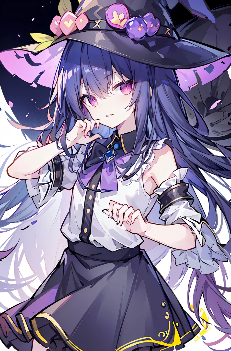 oung Girls,Humanity,A magician always smiles,big witch hat,cute,dark blue long hair,The eyes are dull,The bangs are heavy,Thin eyebrows,fantasy,intake,Double teeth,Star Theme,Constellation pattern,Solid color clothetal decoration,cloak,A bit of a dark atmosphere,A little crazy smile,When the big moon shines outside at night,blood,Hair black star embellishment,Short tie,No nails,High waist skirt,Bell sleeves,Long-sleeved shirt,Black tie,low risk,gentlemen。crap、Yellow and white effect,Shocking pink as an accent color,Top image quality,Teenage Girl,Ji Qie,small ,Cherry blossom road,besides,Small sleeves