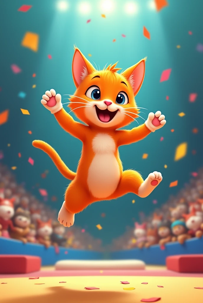 pusang nagpapakitang gilas sa larangan ng himnastiko floor exercise, cartoonize flying