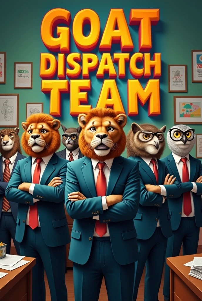 Update team animals in suit angry with suits behind letter “GOAT DISPATCH TEAM”