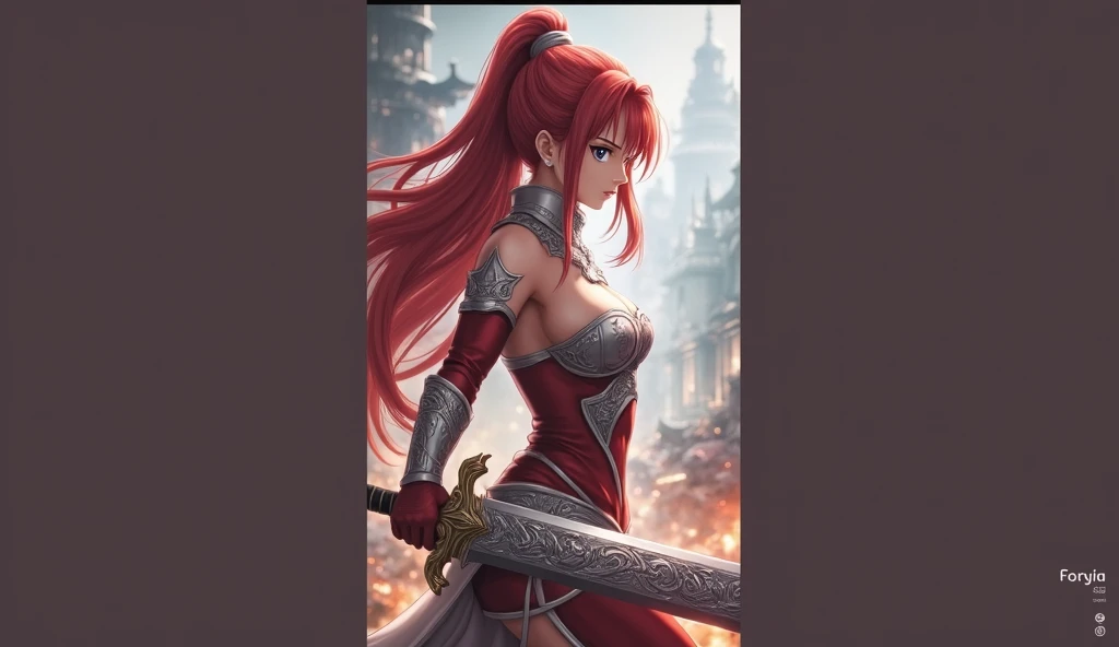 Female ninja with a sword, (Erza Scarlet:1.4), (Fairy Tail:1.4), (masterpiece:1.4, best quality), (((photo realistic:1.4))), fierce and determined expression, dynamic battle pose, wearing her iconic armor with intricate details, (armor glowing with magical energy:1.2), long, flowing scarlet hair, holding a massive sword with a beautifully decorated hilt, (sharp and intense gaze:1.2), (powerful aura surrounding her:1.2), (background of a battlefield with rubble and flames:1.2), (dramatic lighting with strong contrasts:1.2), vibrant colors, rich textures, highly detailed armor and weapon, (dynamic composition with movement and energy:1.2), (deep reds:1.2), (metallic silver:1.2), high-quality and detailed, (epic and powerful atmosphere:1.2), captivating and commanding presence, perfect image quality, iconic and recognizable, strong sense of action and intensity