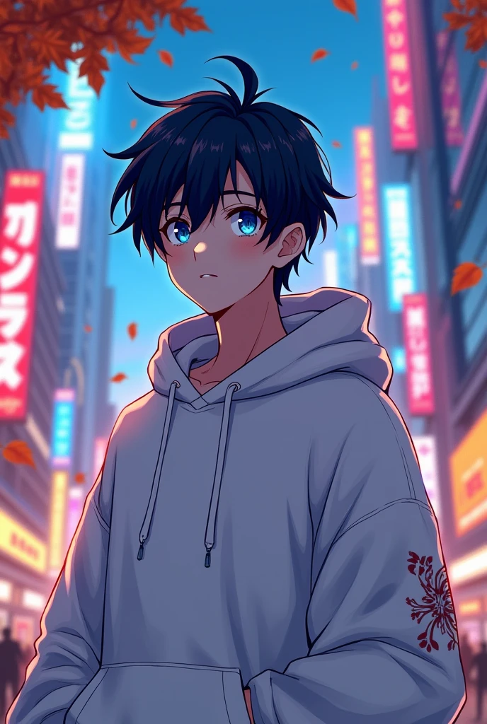 Black hair blue eyes guy of  18 year old wearing white hoodie, anime version 
