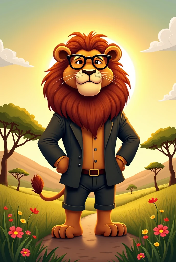 I want a picture of a lion wearing glasses and a jacket