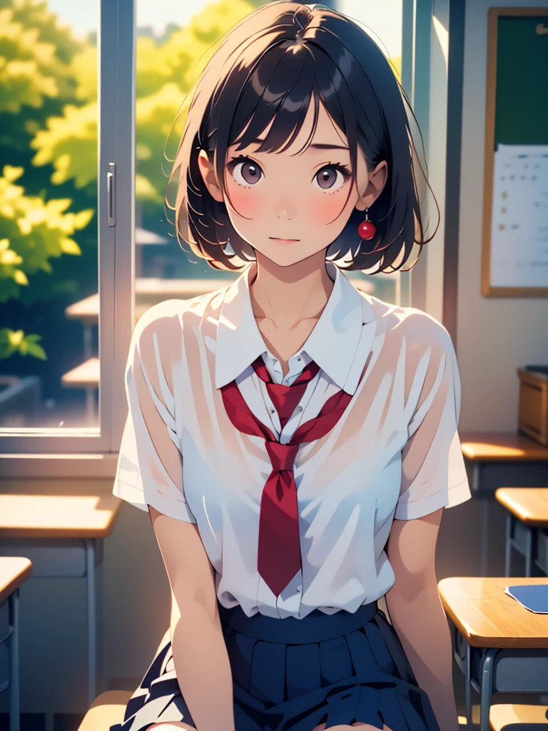 (masterpiece, highest quality:1.2), 1 girl, alone、(table top, highest quality:1.2), 8k, 18-year-old, 85mm, official art, Raw photo, absurdes, white dress shirt, cute face, close, Upper body, viola lace, gardenia, beautiful girl, (dark red tie:1.1)、(navy pleated skirt:1.1), Cinch West, thighs, short sleeve, classroom, ponytail、short hair、short hair、sit on a bench seat, looking at the viewer, no makeup, (smile:0.4), film grain, chromatic aberration, sharp focus, face light, clear lighting, teen, detailed face, ((background bokeh,Japanese school classroom、classroom、cherry tree seen from the window))
