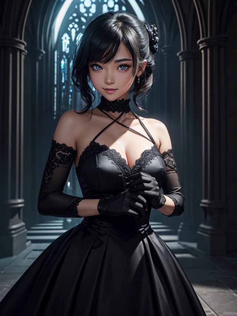 AddXL, Masterpiece, best quality, ultra detailed, extremely detailed, vibrant colour, ultra quality, focus on girl, 1girl, solo, sensual, seductive_smile, looking at viewer, sweat, INKxXmo Dark Theme, Shaded Face, keqing genshin impact, black dress, long dress, black thigs, cute female, mommy, read book, moonlight, glowneon, glowing, glowing eyes, beautiful eyes, melody, elbow gloves, in cathedral
