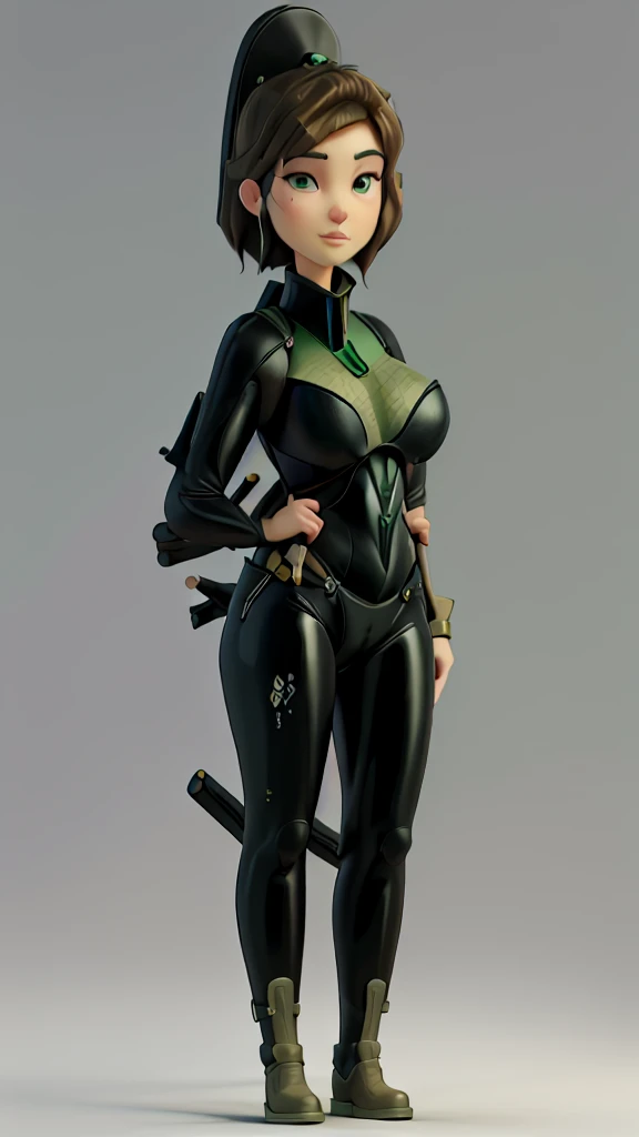 Bo Wei Style, score_9, score_8_up, score_7_up, very detailed, highly detailed texture, smooth, smooth colour, block colour, flat color, LadyB, 1girl, full body, slim body, slim thighs, bodysuit, detail eyes, solo, looking at viewer, fit ninja mask, large breasts, simple background, brown hair, green eyes, weapon, bodysuit, holding two hand, ninja background, sheath, skin tight, LadyB bodysuit, leather boot, ladybninja close-up, 8k detailed,
