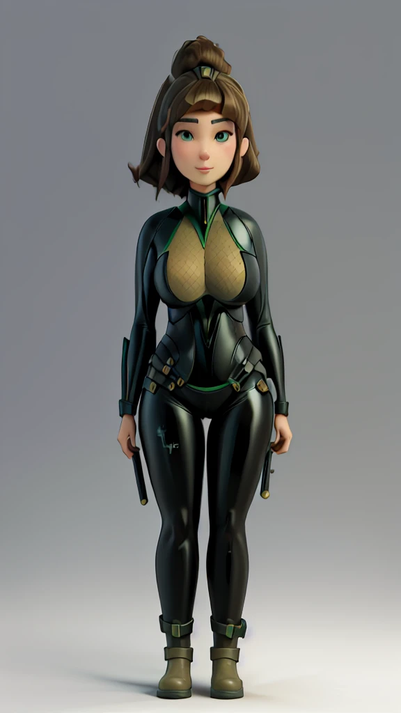 Bo Wei Style, score_9, score_8_up, score_7_up, very detailed, highly detailed texture, smooth, smooth colour, block colour, flat color, LadyB, 1girl, full body, slim body, slim thighs, bodysuit, detail eyes,  solo, looking at viewer, fit ninja mask, large breasts, simple background, brown hair, green eyes, weapon, bodysuit, holding two hand, ninja background, sheath, skin tight, LadyB bodysuit, leather boot, ladybninja close-up, 8k detailed,