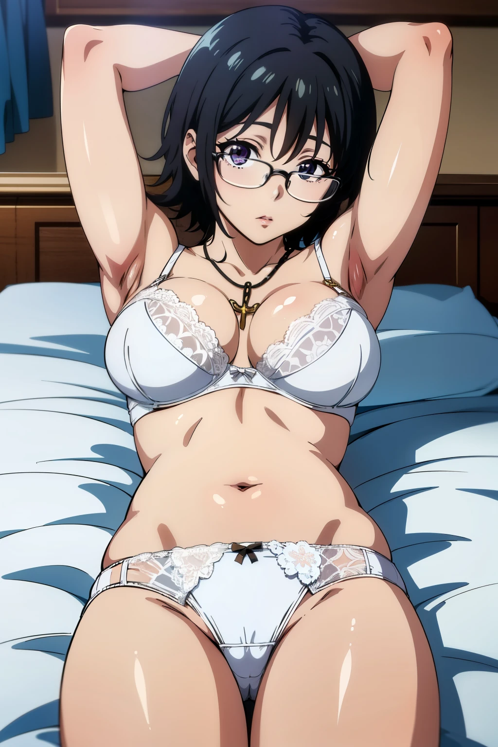 (masterpiece, High resolution, Highest quality, Anime Color), (Perfectly detailed anatomy, Beautiful attention to detail&hair), (Shizuku Murasaki), (One girl), black hair, short hair, Glasses,  inverted cross chain necklace, (slim body: 1.3), (large breastst), (White lace bra: 1.3), ( White lace Panties: 1.3), (Realistic White lace bra pantie), ( lying on back), (legs up), (legs over head), cowboy shot, indoor, bed