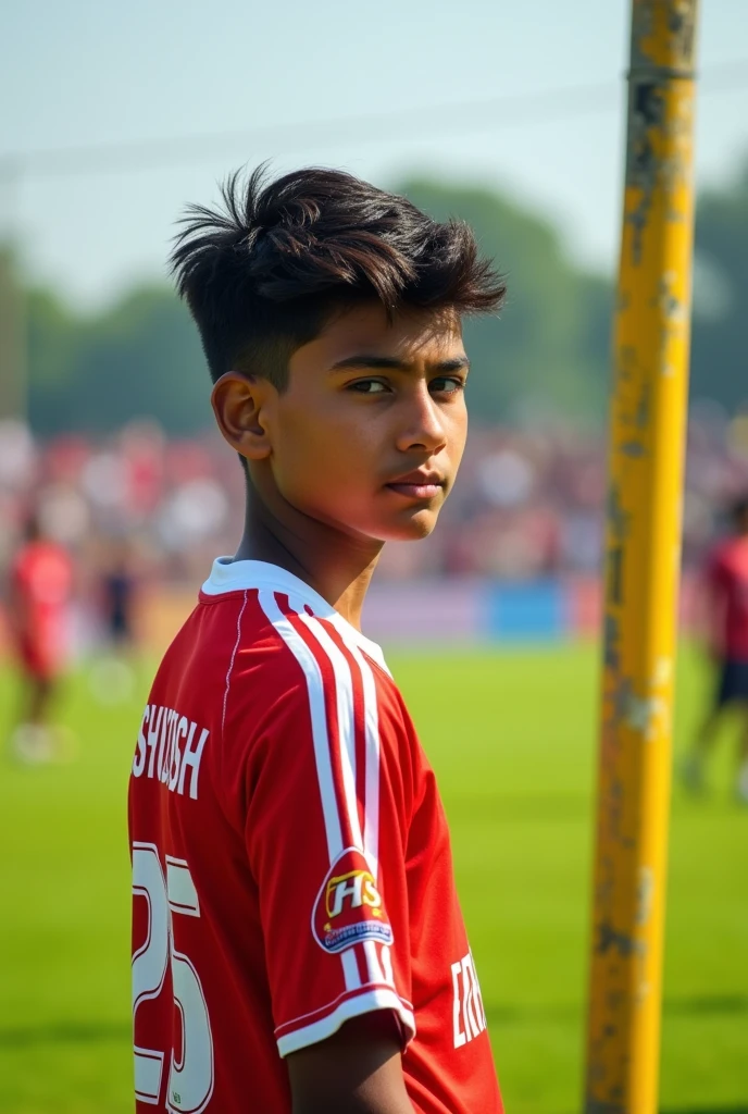 A teen age boys standing near his kho kho pole and his name Ashutosh and jersey number 25 written on his jersey