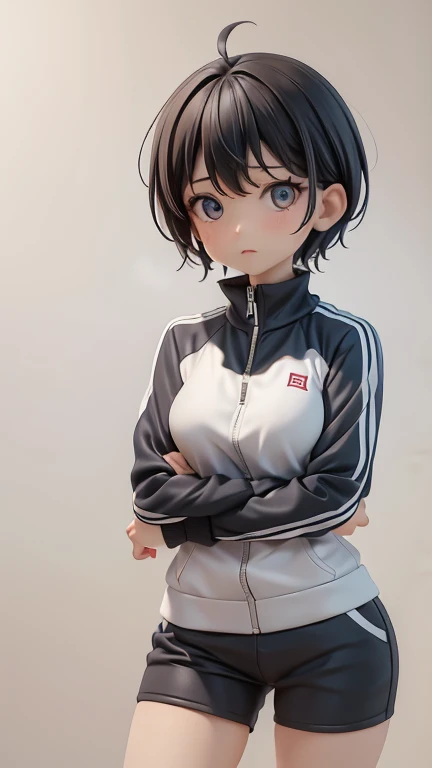 30-year-old woman、Cool woman、Sharp eyes、Mouth open、sharp、female teacher、physical education teacher、Black Hair,、boyish、Shortcuts、Short cut、Jersey、Tracksuits、Clothing patterns、Clothing Design、The front is open、whole body、