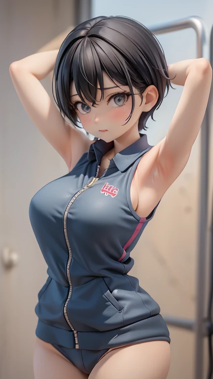 30-year-old woman、Cool woman、Sharp eyes、Mouth open、sharp、female teacher、physical education teacher、Black Hair,、boyish、Shortcuts、Short cut、Jersey、Tracksuits、Clothing patterns、Clothing Design、The front is open、whole body、
