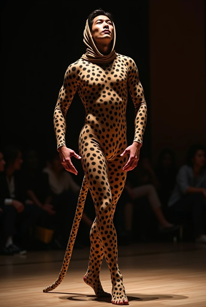 A most handsome and thin chinese contortion boy wearing a black glasses wears clouded leopard Lycra turtleneck unitard catsuit covered with large seamless spots.He has a long clouded leopard tail.He always wear clouded leopard Lycra dancewear hijab-like hood.He has handsome cheeks on her face.He is take part for contortion performance.He performs contortion at hotel.He is my famous contortionist.