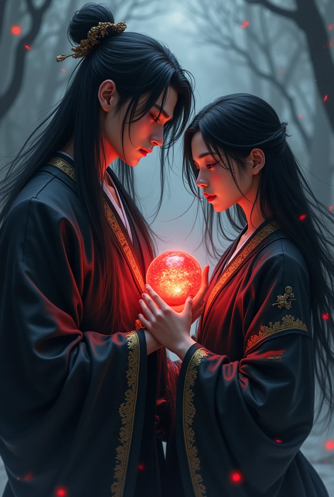 Man ,masterpiece in 4K UHD quality, featuring a striking bishoujo character with an intricately detailed face and captivating gaze. The illustration should showcase a single radiant red energy ball held in the hand of a man with an immortal-like appearance. He has long, flowing black hair styled in a classic anime protagonist fashion and luminous dark eyes that exude ancient wisdom. Dressed in a traditional black kimono with golden stripes, his expression is commanding yet expressionless, surrounded by an ethereal aura. The background should evoke a dark, atmospheric vibe reminiscent of Dark Souls, with shadowy landscapes and creeping mist. The softly glowing red energy ball should be cradled in one hand, embodying a sense of timeless confidence and mystical energy. Emphasize the Impressionist style (Impressionism:1.4) for added depth and vibrancy.