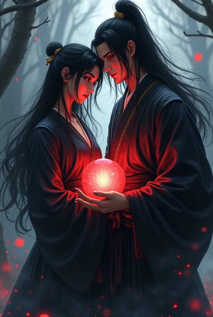  Man ,masterpiece in 4K UHD quality, featuring a striking bishoujo character with an intricately detailed face and captivating gaze. The illustration should showcase a single radiant red energy ball held in the hand of a man with an immortal-like appearance. He has long, flowing black hair styled in a classic anime protagonist fashion and luminous dark eyes that exude ancient wisdom. Dressed in a traditional black kimono with golden stripes, his expression is commanding yet expressionless, surrounded by an ethereal aura. The background should evoke a dark, atmospheric vibe reminiscent of Dark Souls, with shadowy landscapes and creeping mist. The softly glowing red energy ball should be cradled in one hand, embodying a sense of timeless confidence and mystical energy. Emphasize the Impressionist style (Impressionism:1.4) for added depth and vibrancy.