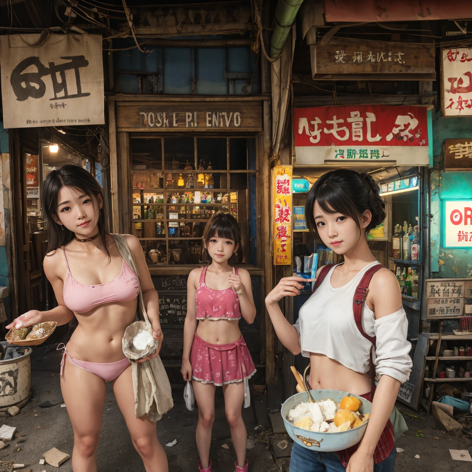 
((masterpiece、Highest quality))、Beautiful girls gather.、Three girls in summer clothes、(Detailed and cute face:1.3)、(Poor conditions、Dim and unsanitary、Standing Bar、みんなで楽しくdiet、Crumbling underground shopping mall、Showa Retro)、(tits:0.6、Pussy:0.6)、屋台のdiet店、stage、sewage、Dirty shop、street vendors、Unsanitary and abandoned city、smile、diet、Poor person々