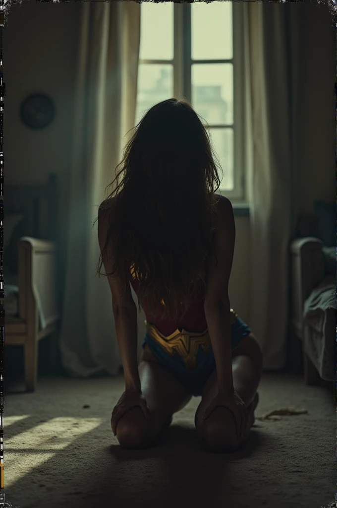 wonder-woman porn movie naked big , languid, loose, kneeling on a bedroom floor, 11:30 pm, dimly lit, dark room, bad camera, bad photo, moody, by ellen von unwerth, Polaroid photography,