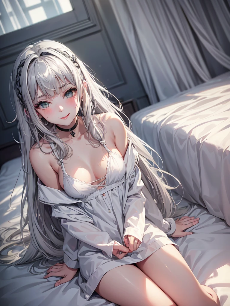 1Girl, Solo, Anime, Ideal body, (Cleavage, Small breast). Beautiful, Gorgeous, Fresh, Blunt Bangs, (White Grey Hair:1.5),(Straight and Wavy Long Hair:1.3), Sleep dress, Off-Shoulder, Oversize , laced, Comfort, Loose dress, satin Texture. (Sit on bed:1.3). Earrings, Thin Black Headband, Green Accessories, Environmental Details, Bed Room, Natural Light, Modern Bed, Chair, Window, White Curtain, City View. pov, anime style, UHD, retina, masterpiece, accurate, anatomically correct, textured skin. High Resolution, Looking at viewer, Blush, Best Quality, Award Winning, Accurate, Embarrassed, seductive smile, sweating, Naughty Face, Naughty, Gradient Eye Color, Sexy Pose. Cowboy Shot, tongue out, high class.