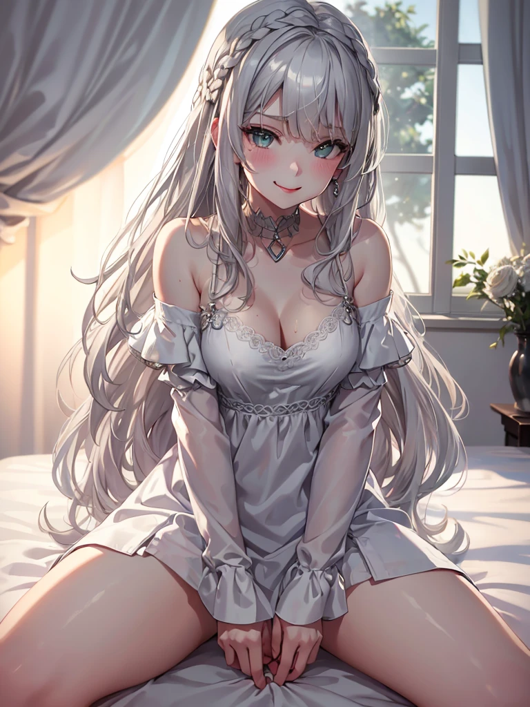 1Girl, Solo, Anime, Ideal body, (, Small breast).iful, Gorgeous, Fresh, Blunt Bangs, (White Grey Hair:1.5),(Straight and Wavy Long Hair:1.3), Sleep dress, Off-Shoulder, Oversize , laced, Comfort, Loose dress, satin Texture. (Sit on bed:1.3). Earrings, Thin Black Headband, Green Accessories, Environmental Details, Bed Room, Natural Light, Modern Bed, Chair, Window, White Curtain, City View. pov, anime style, UHD, retina, masterpiece, accurate, anatomically correct, textured skin. High Resolution, Looking at viewer, Blush, Best Quality, Award Winning, Accurate, Embarrassed, seductive smile, sweating, Naughty Face, Naughty, Gradient Eye Color, Sexy Pose. Cow Shot, tongue out, high class.