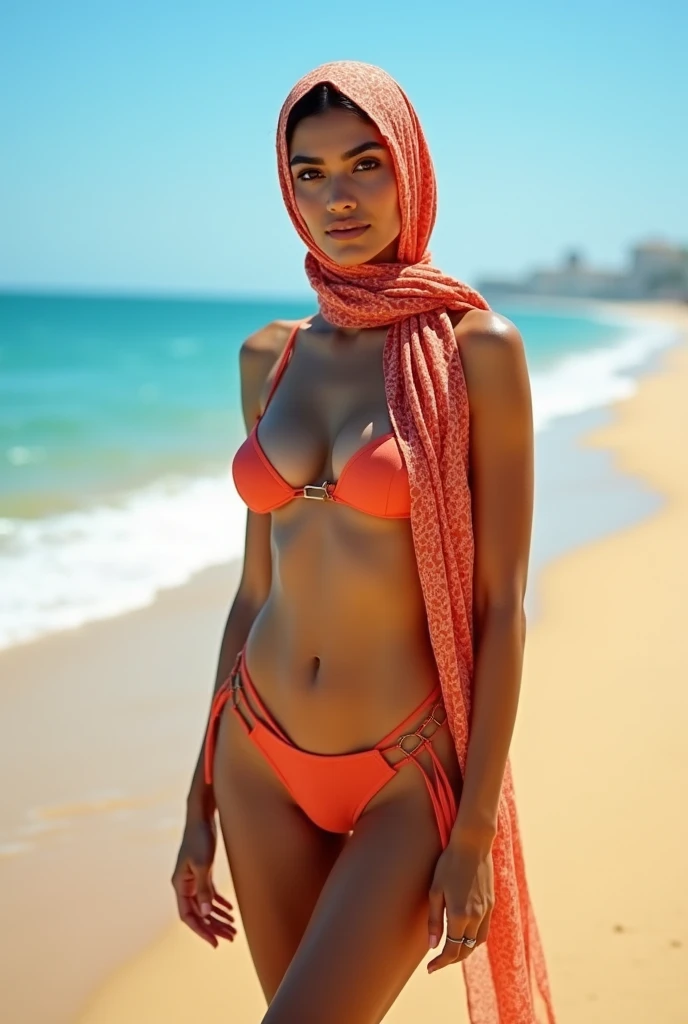 A BBW Arabic model on a sunny beach, wearing a stylish bikini paired with a beautifully wrapped hijab. The scene captures the contrast between the traditional and modern, with the model confidently posing by the shoreline, waves gently crashing in the background. The bright blue sky and soft sand add to the serene atmosphere. The model's expression is confident and serene, reflecting a blend of cultural heritage and contemporary fashion in a unique beach setting