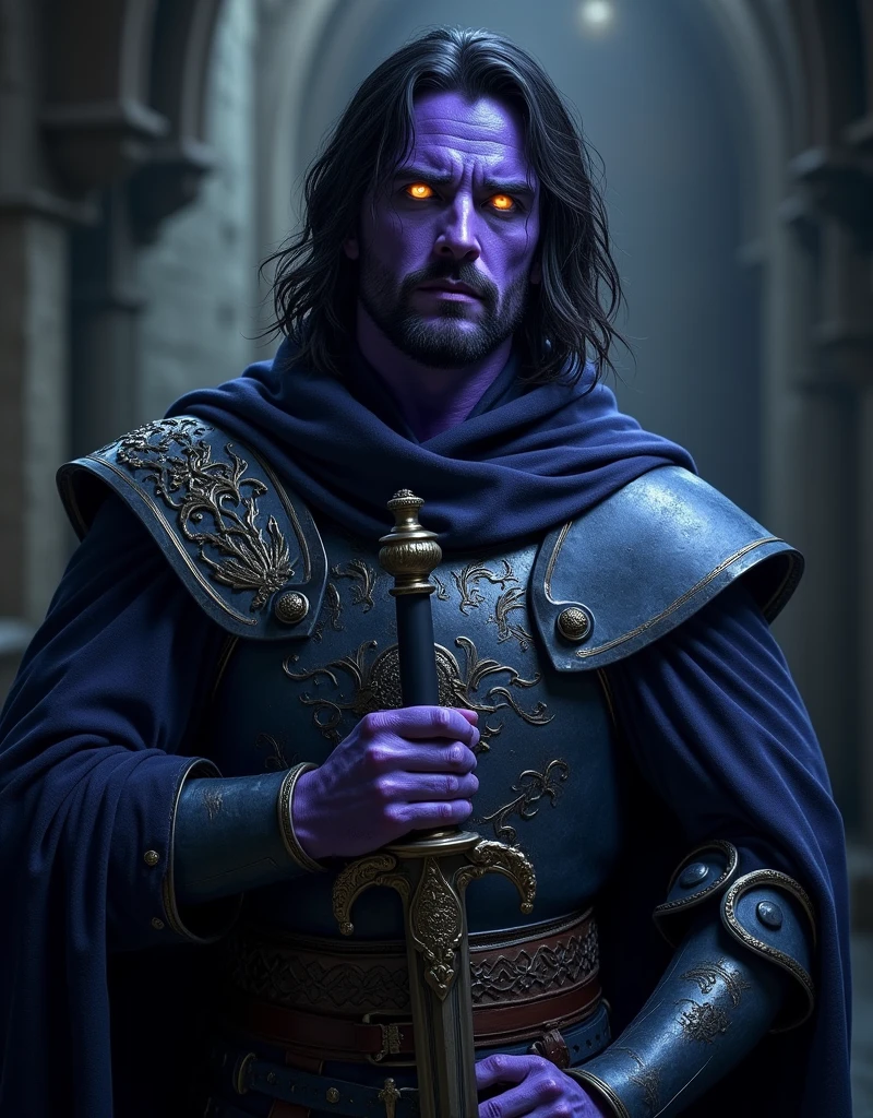 A resurrected knight with purplish blue skin, yellow eyes, dark hair, holding an intricate long sword, powerful and kind, (best quality,4k,8k,highres,masterpiece:1.2),ultra-detailed,(realistic,photorealistic,photo-realistic:1.37),portrait,fantasy,dramatic lighting,chiaroscuro,cinematic,moody,intricate details,exquisite craftsmanship