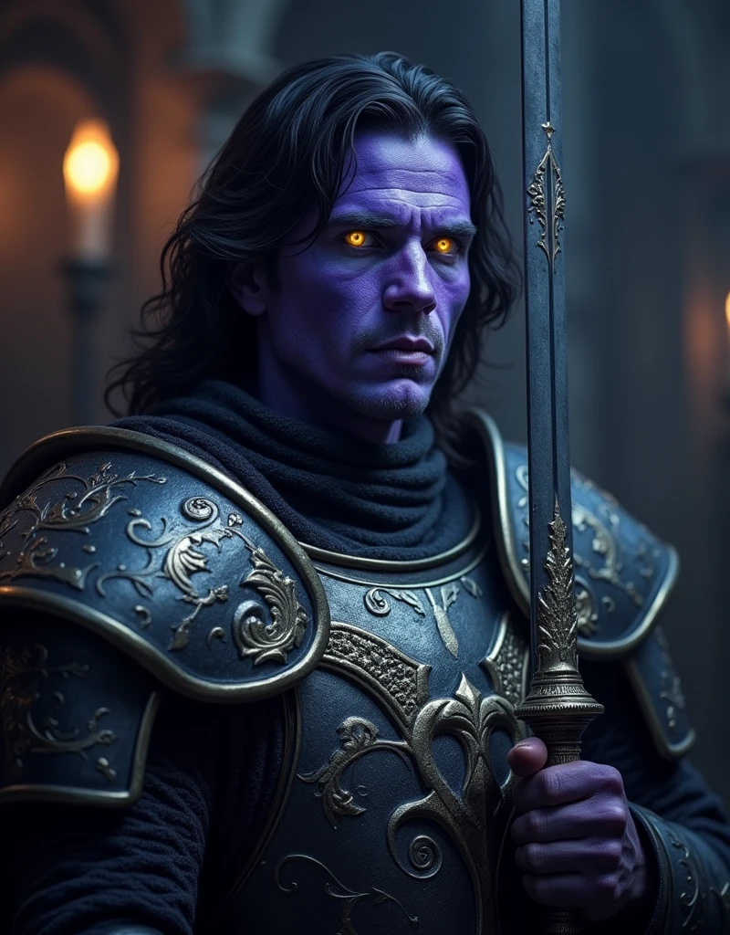 A resurrected knight with purplish blue skin, yellow eyes, dark hair, holding an intricate long sword, powerful and kind, (best quality,4k,8k,highres,masterpiece:1.2),ultra-detailed,(realistic,photorealistic,photo-realistic:1.37),portrait,fantasy,dramatic lighting,chiaroscuro,cinematic,moody,intricate details,exquisite craftsmanship