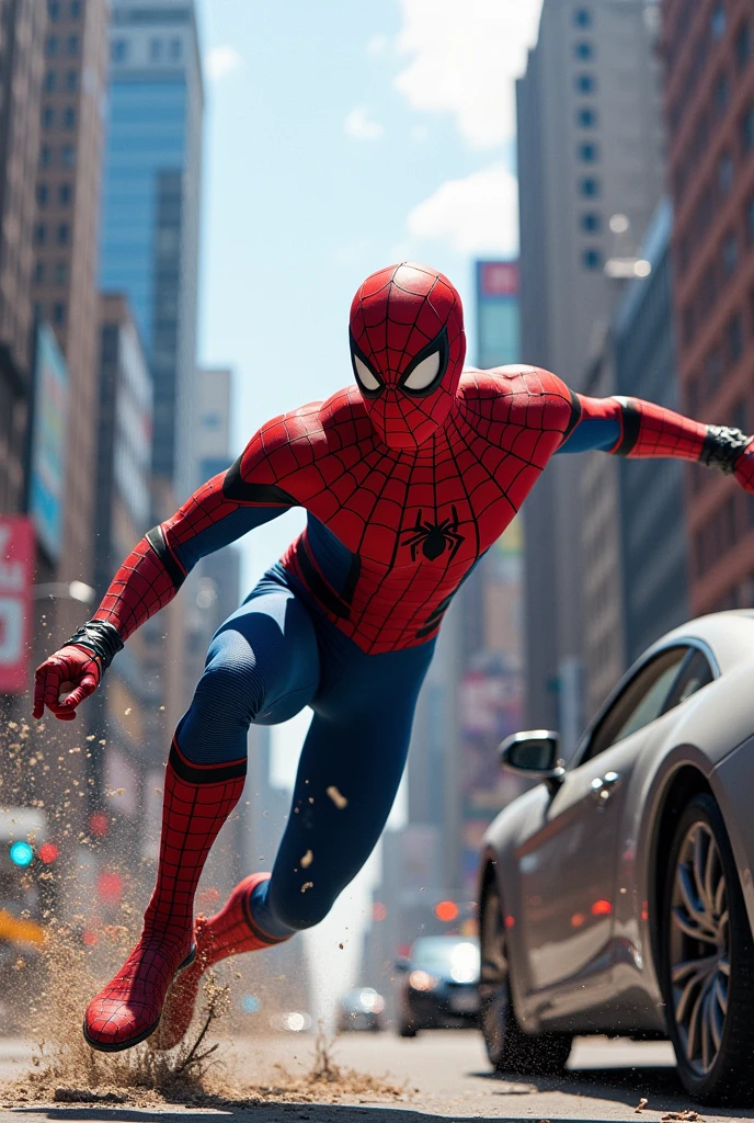 I need you to create Spider-Man throwing a car with his tiles, no hulk