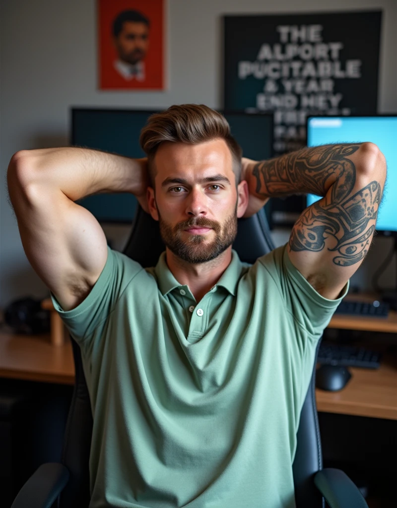 A confident man with short, light brown hair and a trimmed beard faces the camera directly, showcasing his muscular, bodybuilder-like physique. He sits with his arms raised behind his head, flexing his defined biceps and forearms, which are covered in intricate tattoos. He wears a tight-fitting light green polo shirt that highlights his strong, muscular upper body. His expression is calm and serious, with only a slight hint of a smile, giving off a composed and powerful presence. The image is highly detailed and polished, emphasizing his fitness dedication while maintaining the vibe of a content creator or Twitch streamer.