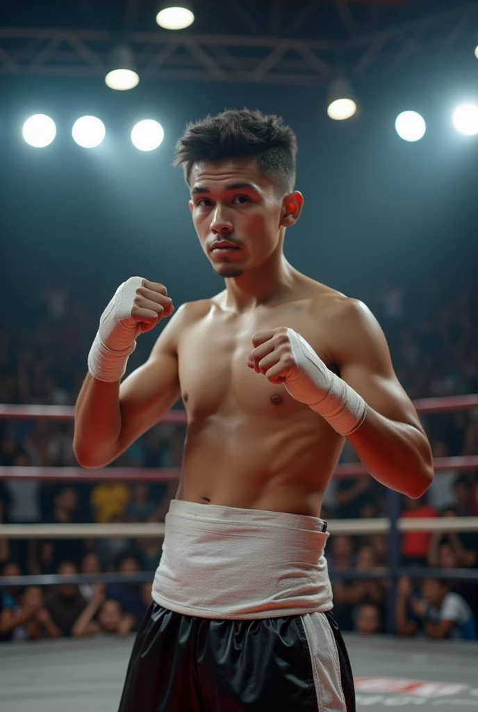 A boxer with a childish face wearing a heavily taped abdomen, a middle school student, is facing this way while making a fighting pose on the ring.