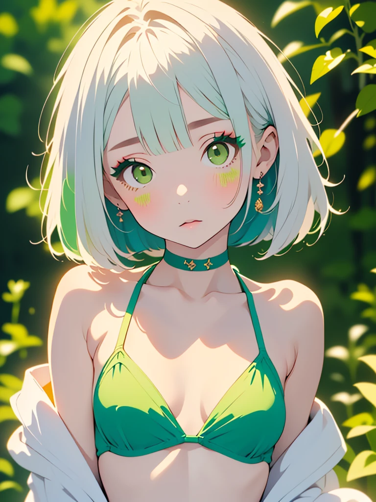 A cute girl in a swimsuit（original bikini swimsuit）(Small body) ( Girl:1.5), (platinum:1.5）(eyelash:1.2)(eye shadow:1.3) (Green eyes:1.5), (Beautiful fine details:1.4) (Short Bob Hair:1.4), (medium Breasts:1.3) (White skin:1.2) original character,