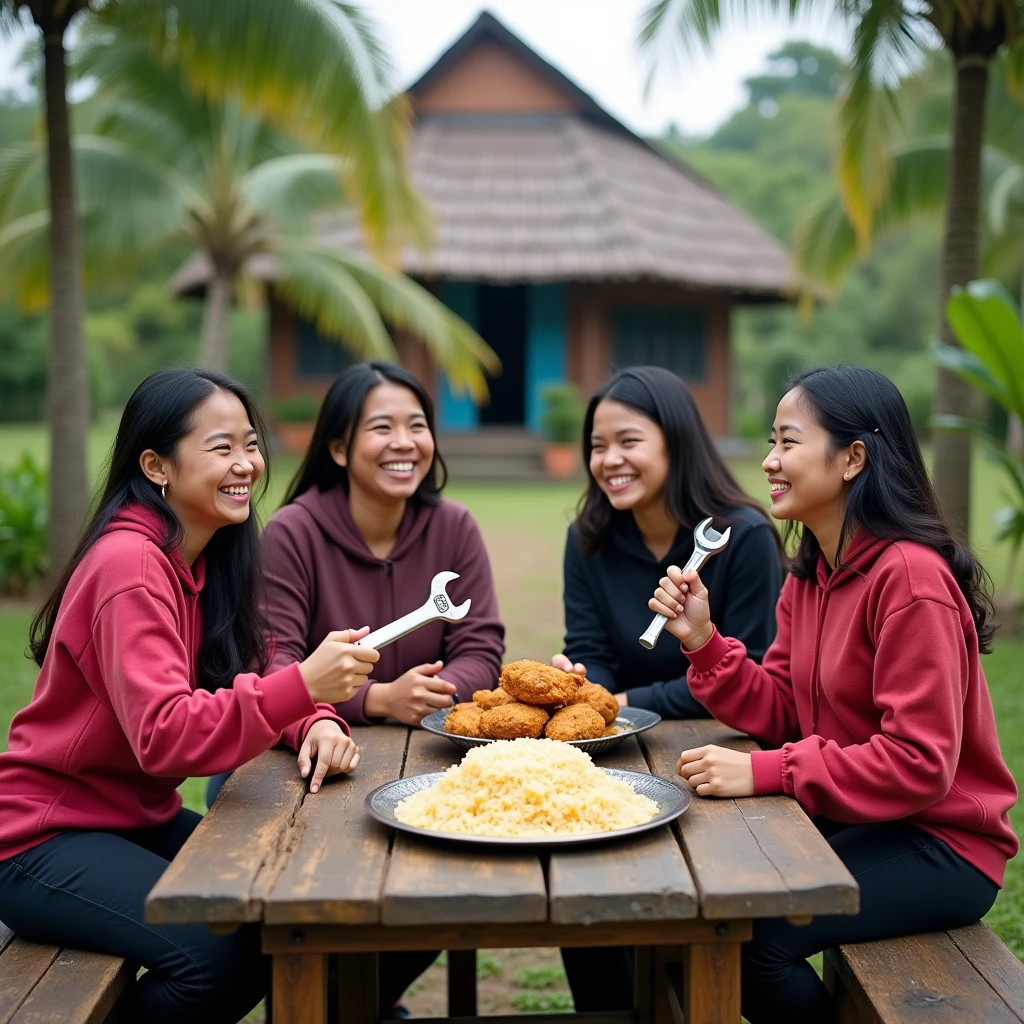 4 beautiful Indonesian women are slightly chubby with loose hair, wearing a hoodie and long pants, sitting behind the village house, and on the table there is rice with fried chicken, right hand holding a large wrench and a hammer, Located in the countryside