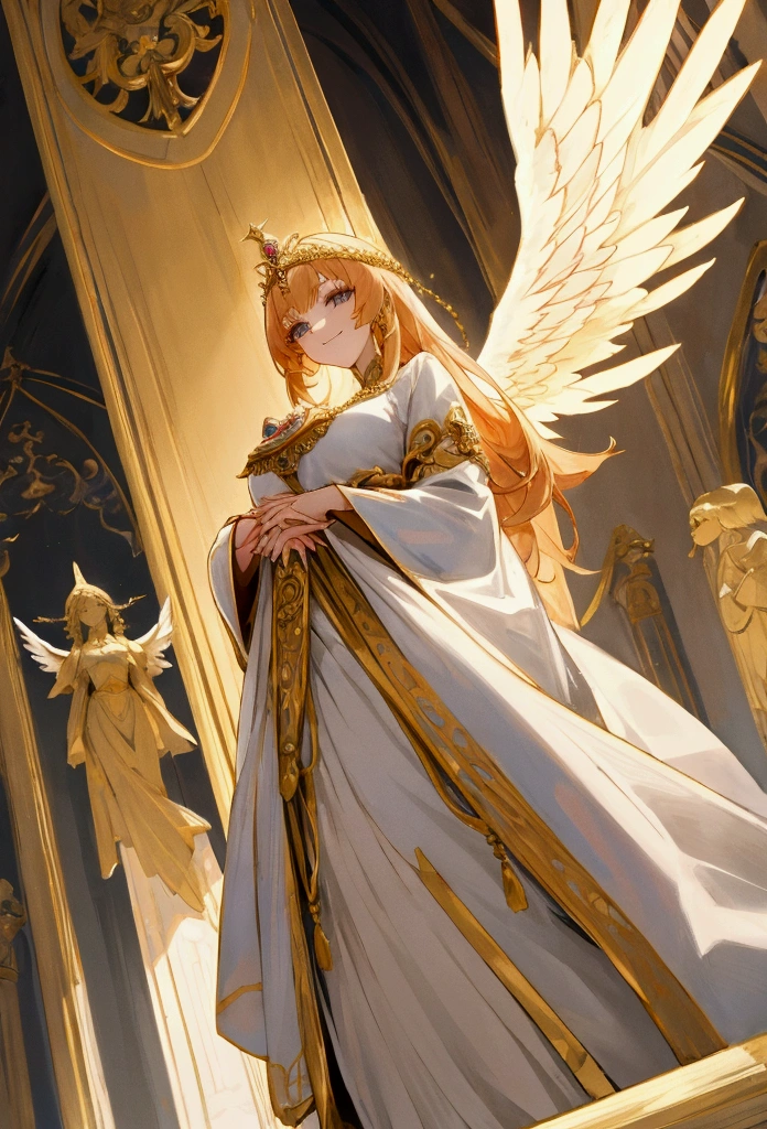 Anime style, beautiful noblewoman in luxurious, ornate attire, standing in front of a towering female archangel, noblewoman holding both hands to her chest, both smiling gently, archangel with wings spread wide, noblewoman shimmering with elegance, archangel radiating a bright, dazzling light, archangel as a translucent spirit form, the noblewoman is her temporary vessel, low angle frontal view.