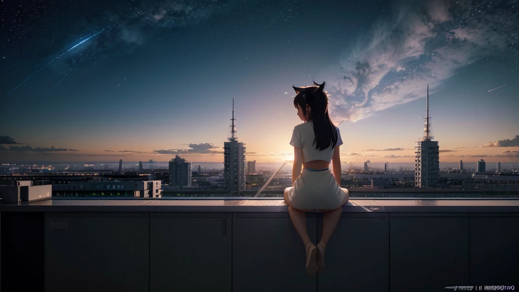 Anime girl with cat ears sitting on a shelf looking at the sky, anime drawings inspired by Makoto Shinkai, trend on pixiv, space art, Makoto Shinkai Cyril Roland, animated 4k wallpapers, anime art wallpaper 8k, anime art wallpaper 4k, 4k anime wallpaper, 4k anime wallpaper, 4k anime wallpaper
