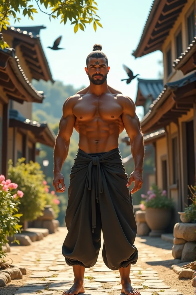 A man, with six packs, fit body, a scar on his forehead, in a village, handsome, wearing ninja pants