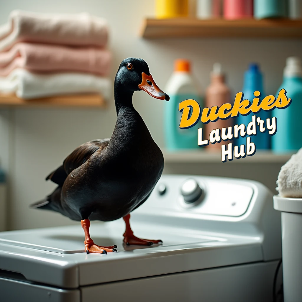 black duck sitting above the washing machine, put caption at the right of the picture with "Duckies Laundry Hub"